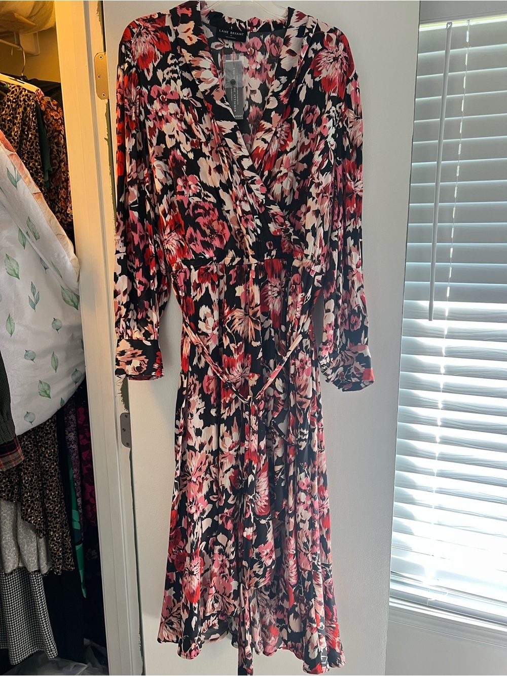 Lane Bryant Black Floral Wrap Maxi Dress with Pink and Red Blossoms